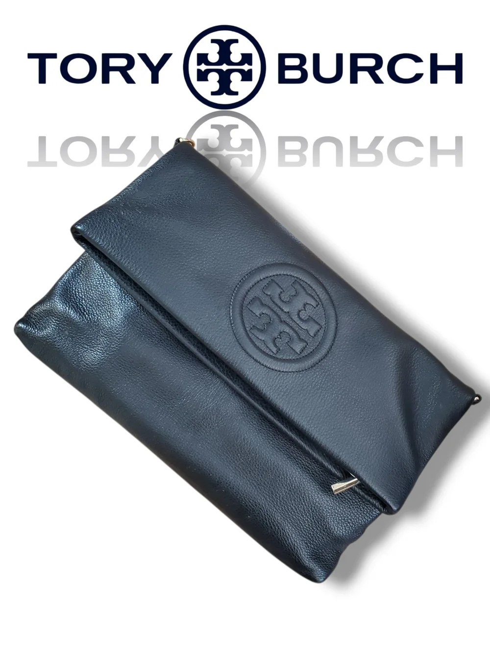 Tory Burch Black Pebbled Leather Amanda Foldover 2 Way Crossbody Messenger Bag